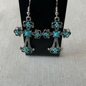 Turquoise Color silver Tone Cross Earrings
